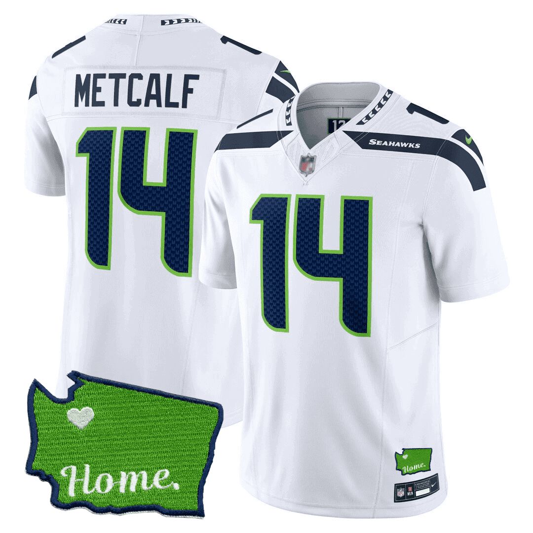 Men Seattle Seahawks 14 Metcalf White 2024 Nike Washington Home Patch NFL Jersey